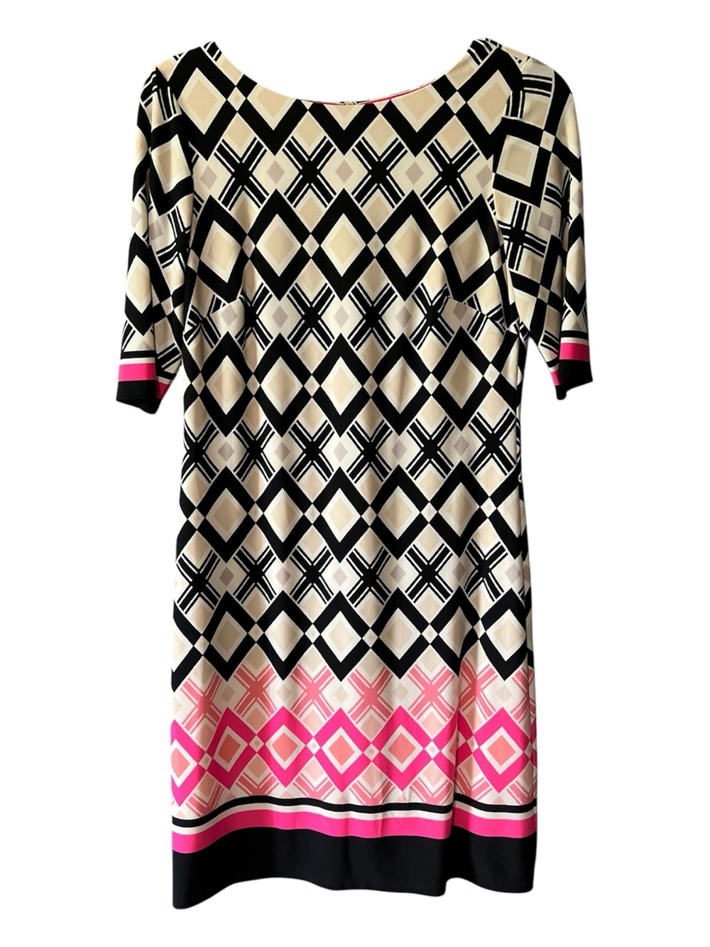 Eliza‎ J Geometric Shift Dress Pink Black Beige 3/4 Sleeve Women Size 2